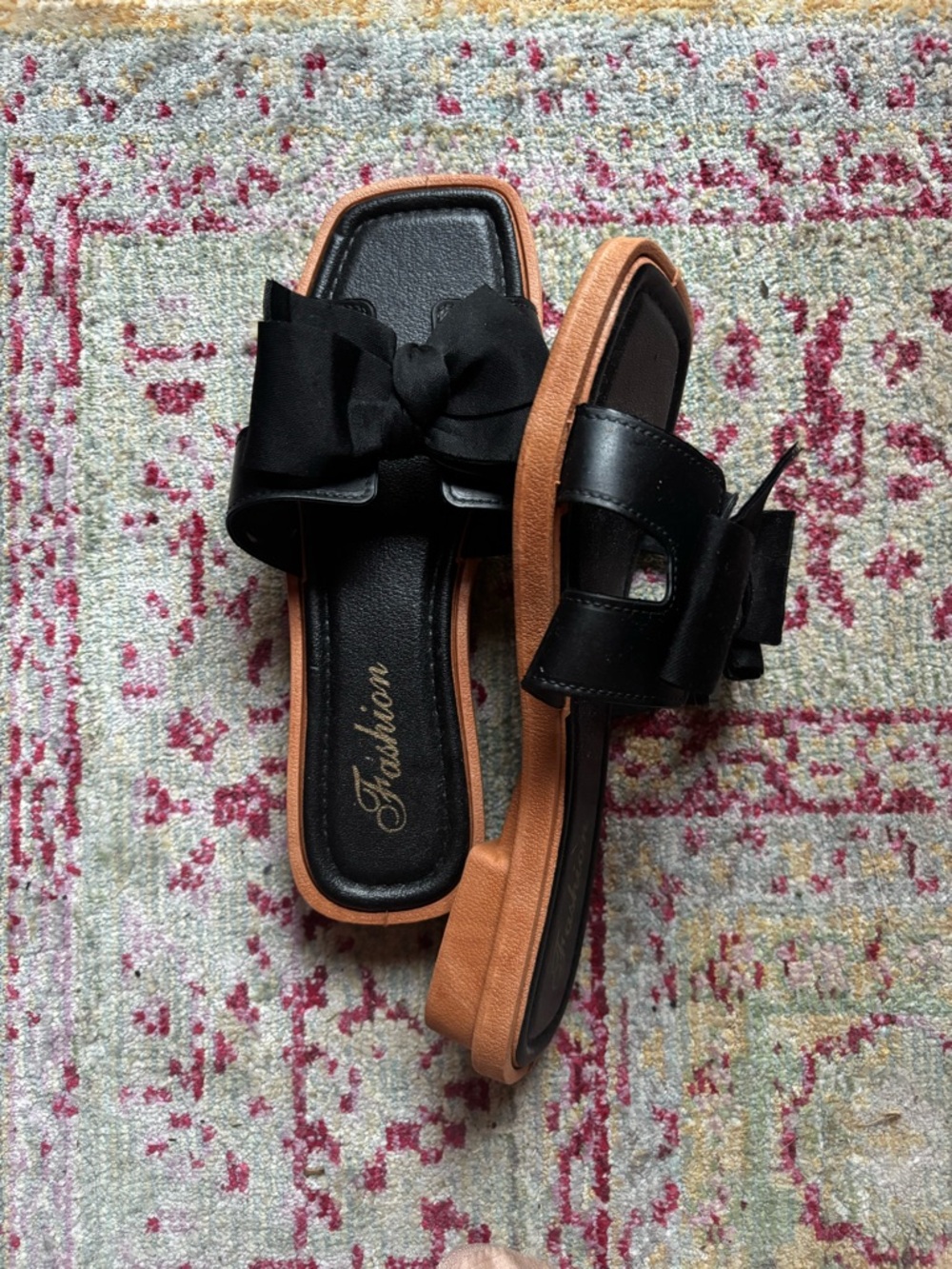 Black Bow Slide Sandals with Tan Sole - Women's